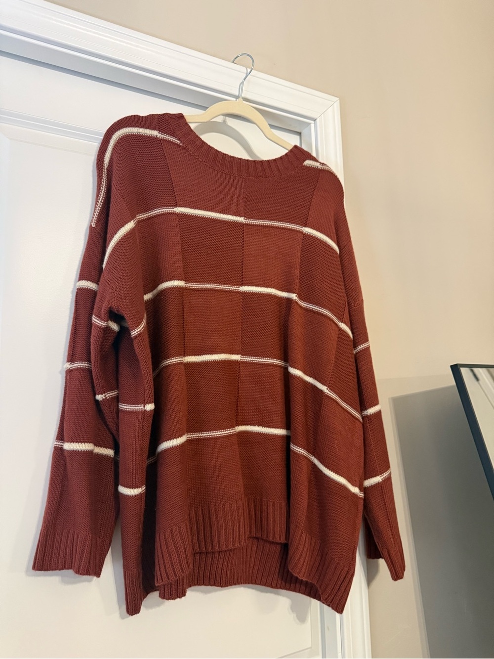 BKE Rust Crewneck Sweater with White Stripes